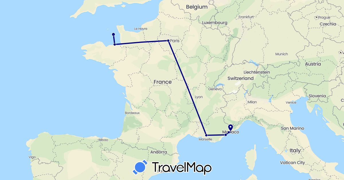 TravelMap itinerary: driving in France, Jersey, Monaco (Europe)